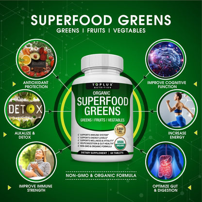 Bio Super Greens Kapseln – Superfood Obst & Gemüse Supplement mit 28 natürlichen Inhaltsstoffen wie Alfalfa, Rote Bete, Sauerkirsche & Ingwer – Immun- & Energieunterstützung für Männer & Frauen, 60 Tabletten