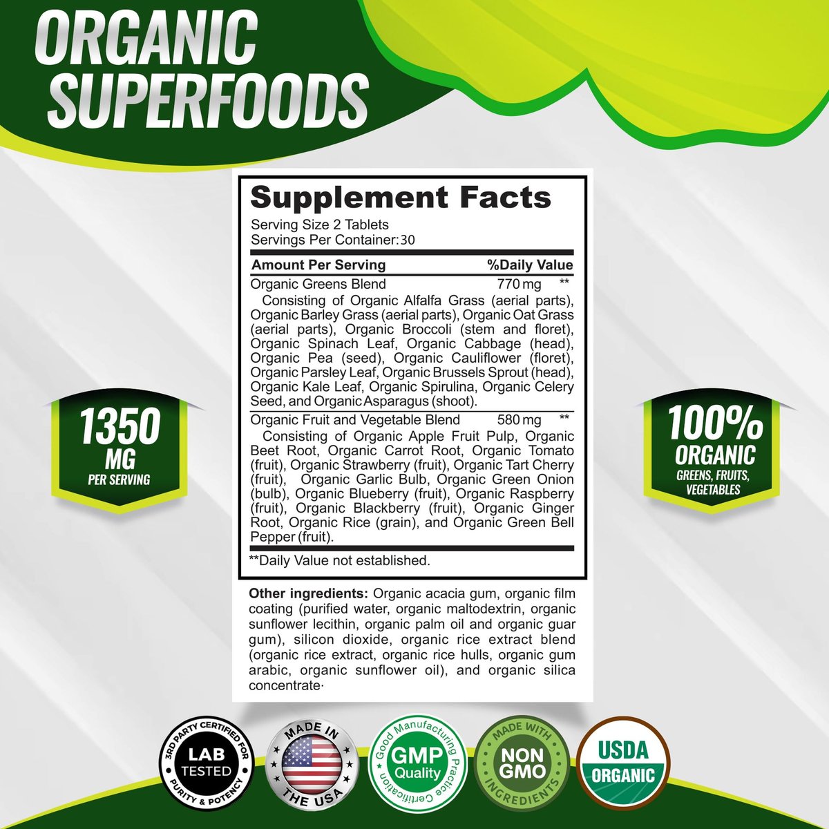 Bio Super Greens Kapseln – Superfood Obst & Gemüse Supplement mit 28 natürlichen Inhaltsstoffen wie Alfalfa, Rote Bete, Sauerkirsche & Ingwer – Immun- & Energieunterstützung für Männer & Frauen, 60 Tabletten