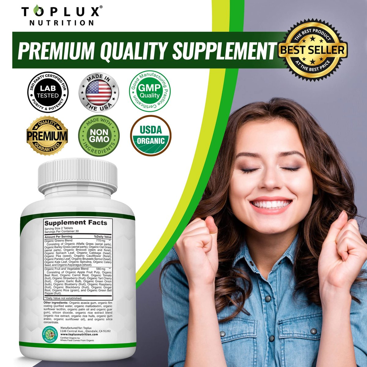 Bio Super Greens Kapseln – Superfood Obst & Gemüse Supplement mit 28 natürlichen Inhaltsstoffen wie Alfalfa, Rote Bete, Sauerkirsche & Ingwer – Immun- & Energieunterstützung für Männer & Frauen, 60 Tabletten