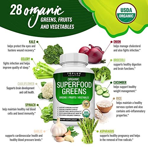 Bio Super Greens Kapseln – Superfood Obst & Gemüse Supplement mit 28 natürlichen Inhaltsstoffen wie Alfalfa, Rote Bete, Sauerkirsche & Ingwer – Immun- & Energieunterstützung für Männer & Frauen, 60 Tabletten