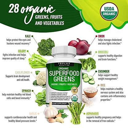 Bio Super Greens Kapseln – Superfood Obst & Gemüse Supplement mit 28 natürlichen Inhaltsstoffen wie Alfalfa, Rote Bete, Sauerkirsche & Ingwer – Immun- & Energieunterstützung für Männer & Frauen, 60 Tabletten