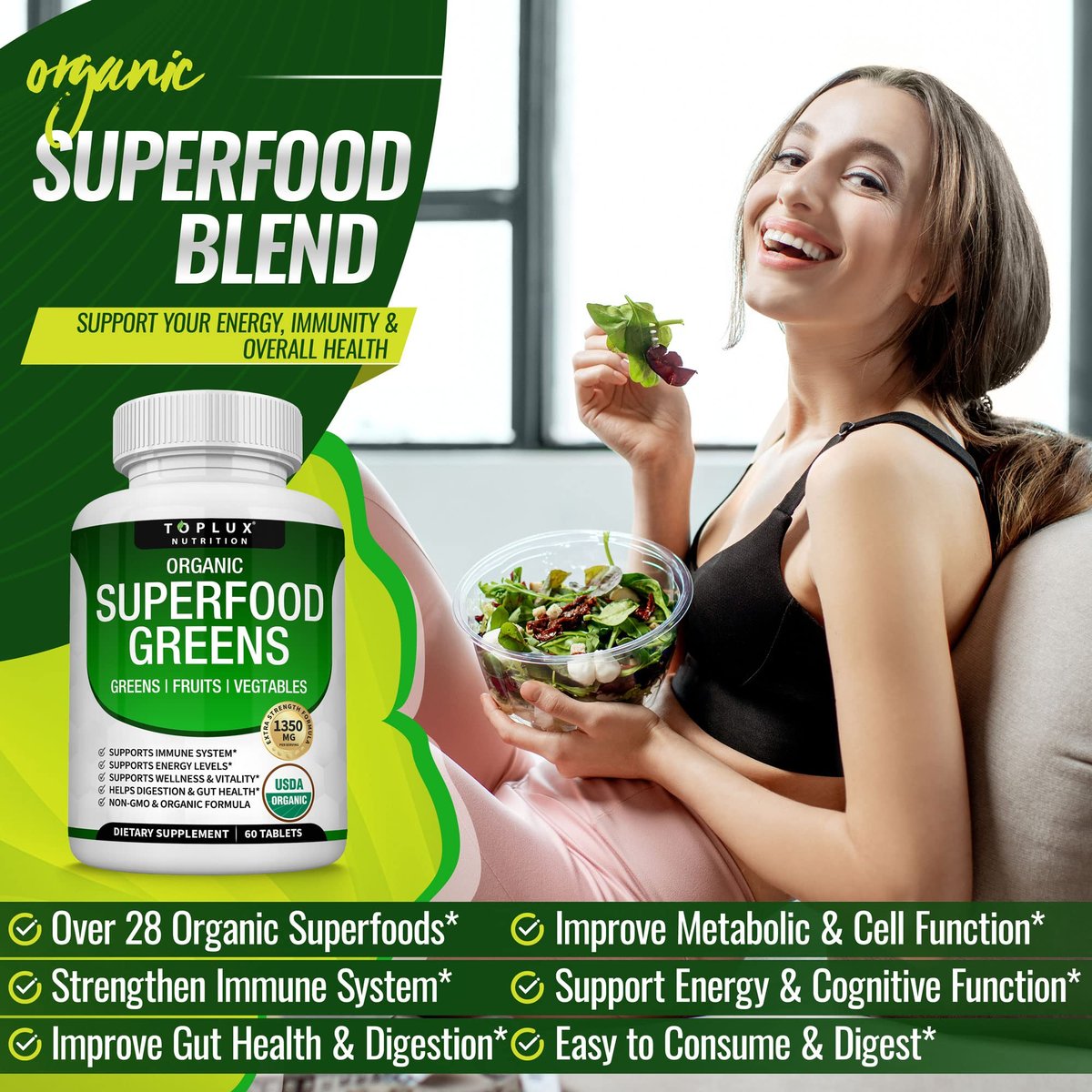Bio Super Greens Kapseln – Superfood Obst & Gemüse Supplement mit 28 natürlichen Inhaltsstoffen wie Alfalfa, Rote Bete, Sauerkirsche & Ingwer – Immun- & Energieunterstützung für Männer & Frauen, 60 Tabletten