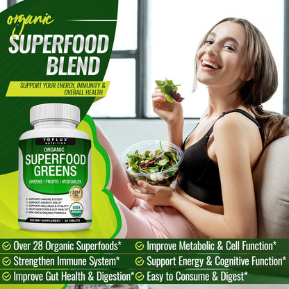 Bio Super Greens Kapseln – Superfood Obst & Gemüse Supplement mit 28 natürlichen Inhaltsstoffen wie Alfalfa, Rote Bete, Sauerkirsche & Ingwer – Immun- & Energieunterstützung für Männer & Frauen, 60 Tabletten