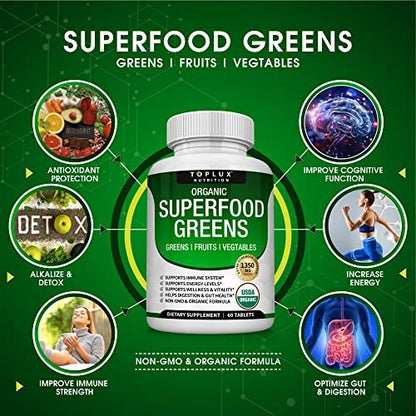 Bio Super Greens Kapseln – Superfood Obst & Gemüse Supplement mit 28 natürlichen Inhaltsstoffen wie Alfalfa, Rote Bete, Sauerkirsche & Ingwer – Immun- & Energieunterstützung für Männer & Frauen, 60 Tabletten