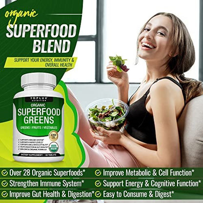 Bio Super Greens Kapseln – Superfood Obst & Gemüse Supplement mit 28 natürlichen Inhaltsstoffen wie Alfalfa, Rote Bete, Sauerkirsche & Ingwer – Immun- & Energieunterstützung für Männer & Frauen, 60 Tabletten