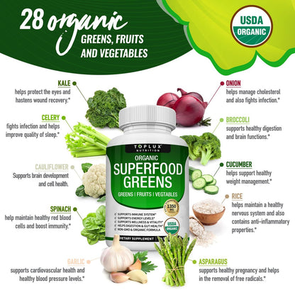 Bio Super Greens Kapseln – Superfood Obst & Gemüse Supplement mit 28 natürlichen Inhaltsstoffen wie Alfalfa, Rote Bete, Sauerkirsche & Ingwer – Immun- & Energieunterstützung für Männer & Frauen, 60 Tabletten