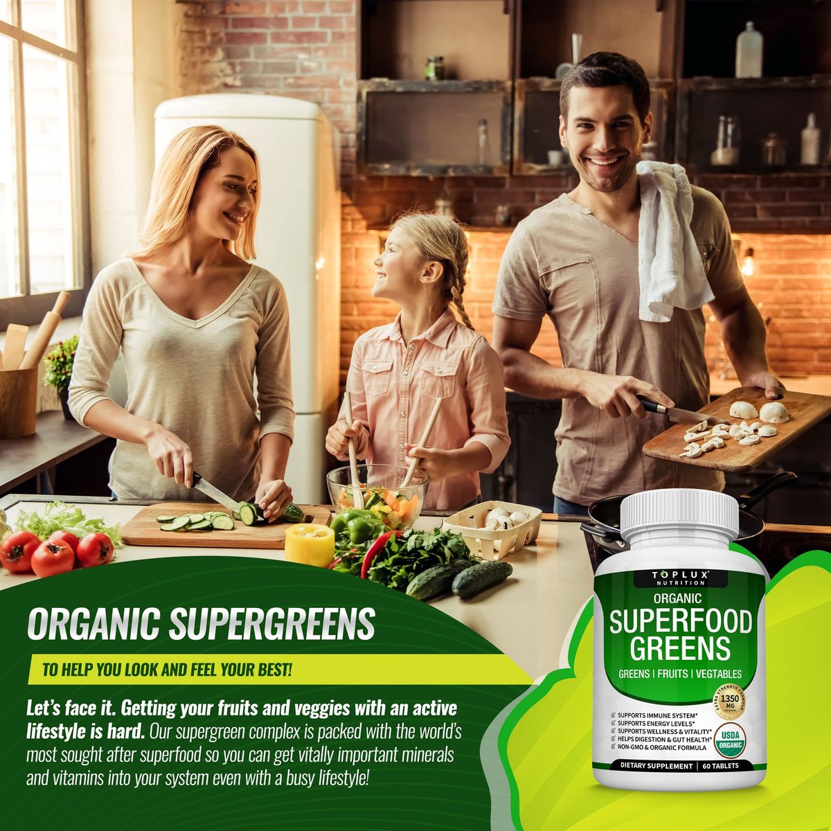 Bio Super Greens Kapseln – Superfood Obst & Gemüse Supplement mit 28 natürlichen Inhaltsstoffen wie Alfalfa, Rote Bete, Sauerkirsche & Ingwer – Immun- & Energieunterstützung für Männer & Frauen, 60 Tabletten