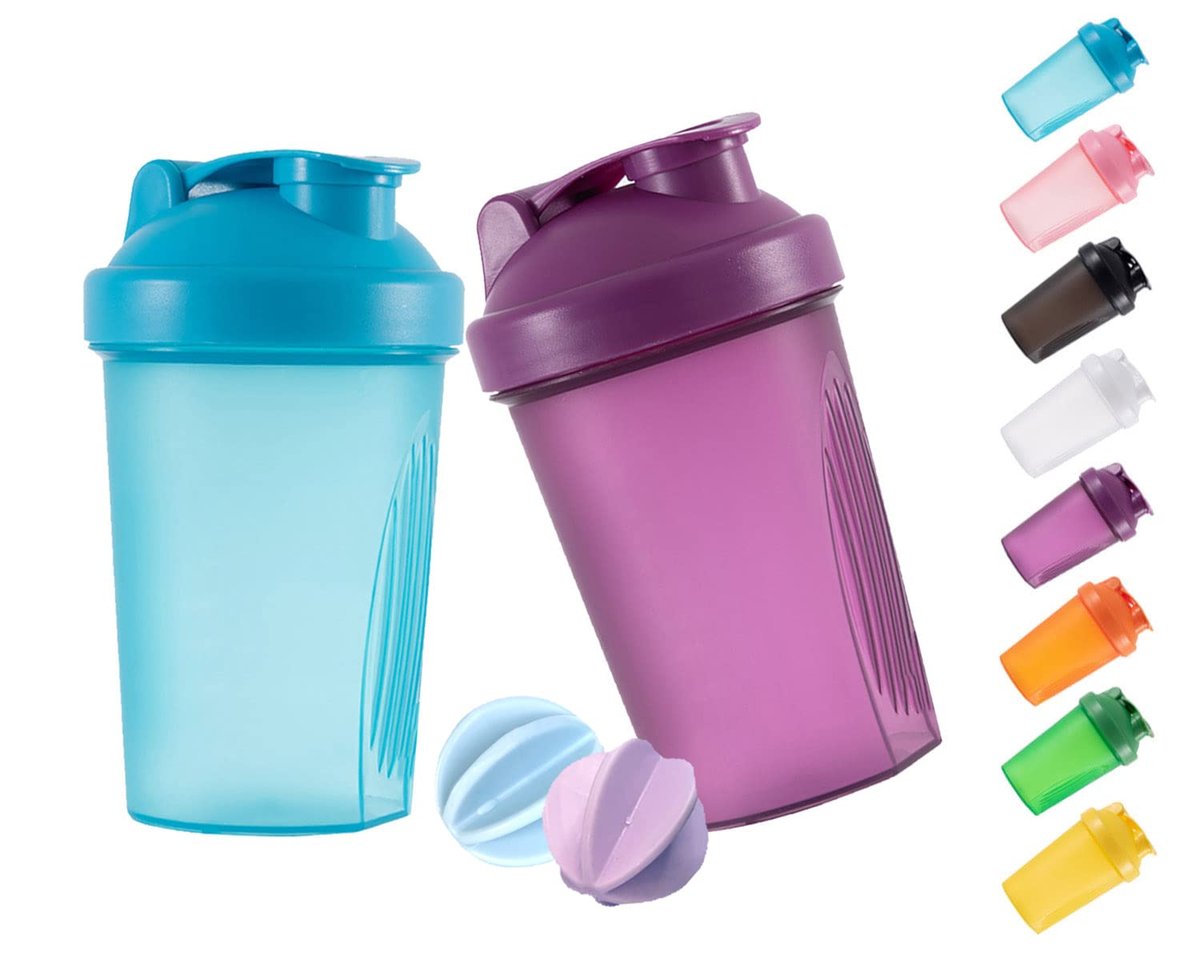 GAISHION Shaker Flasche für Proteinshakes – 2er Set 400 ml mit Mixkugeln, BPA-freier Kunststoff (Blau+Lila)