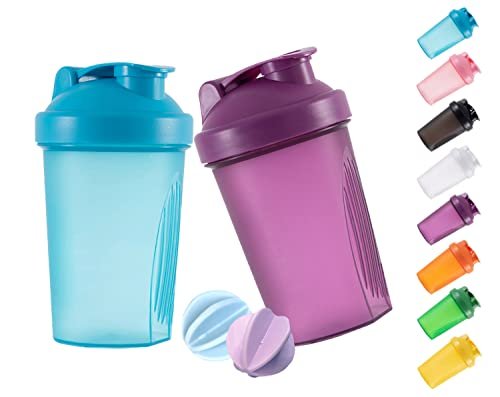 GAISHION Shaker Flasche für Proteinshakes – 2er Set 400 ml mit Mixkugeln, BPA-freier Kunststoff (Blau+Lila)