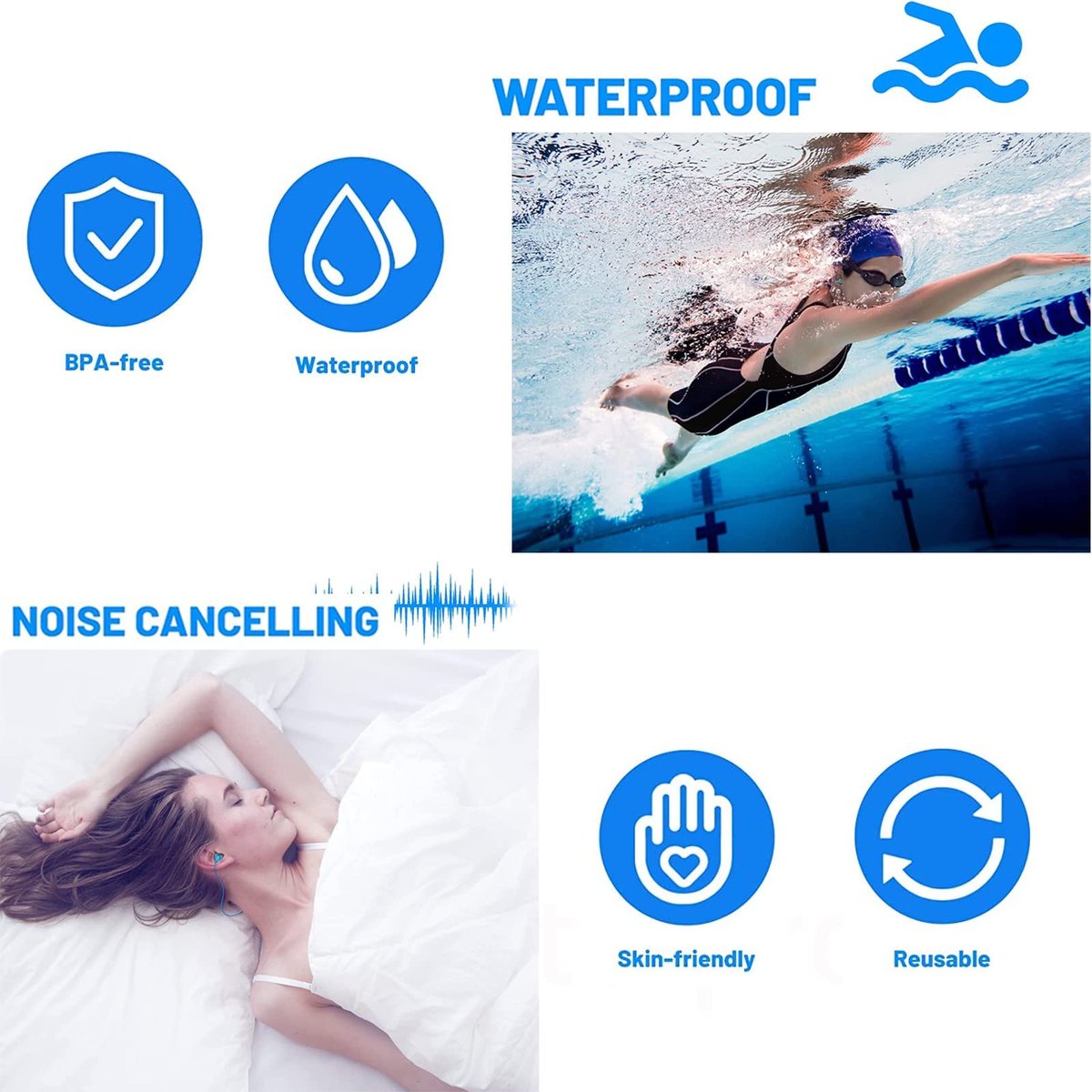 Ohrenstöpsel zum Schwimmen, Schlafen, Lärmunterdrückung, Schnarchen, Schießen, Arbeiten – Wiederverwendbare Silikon-Ohrstöpsel, superweiche Ohrstöpsel für Geräuschreduzierung und Gehörschutz (6 Farben)