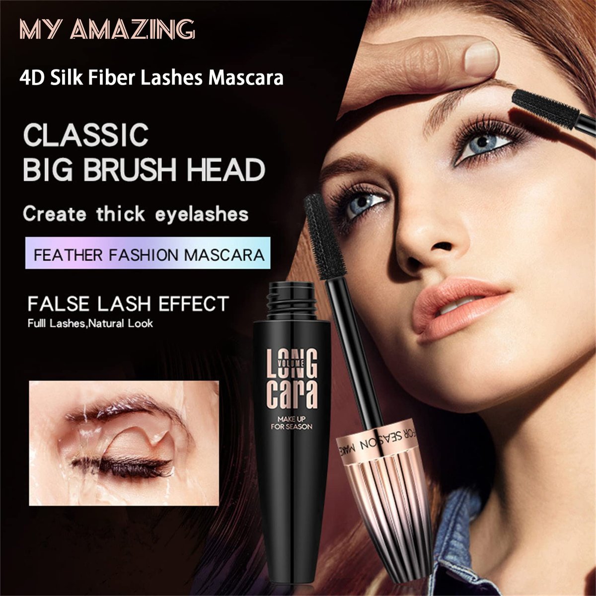 My Amazing Lashes Mascara Black – Volumen & Länge, wasserfest, wischfest, 4D Seidenfaser Wimperntusche, natürlich lang anhaltend, für Frauen (2 Stück)