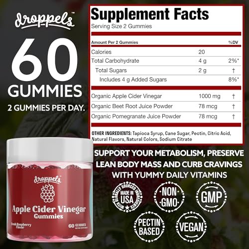 Droppels Apfelessig Gummibärchen 1000mg mit Rote Bete & Granatapfel | Non-GMO, vegan, glutenfrei | Unterstützt Verdauung, Stoffwechsel, Energie & Immunsystem | Himbeergeschmack