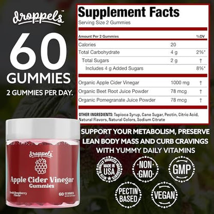 Droppels Apfelessig Gummibärchen 1000mg mit Rote Bete & Granatapfel | Non-GMO, vegan, glutenfrei | Unterstützt Verdauung, Stoffwechsel, Energie & Immunsystem | Himbeergeschmack