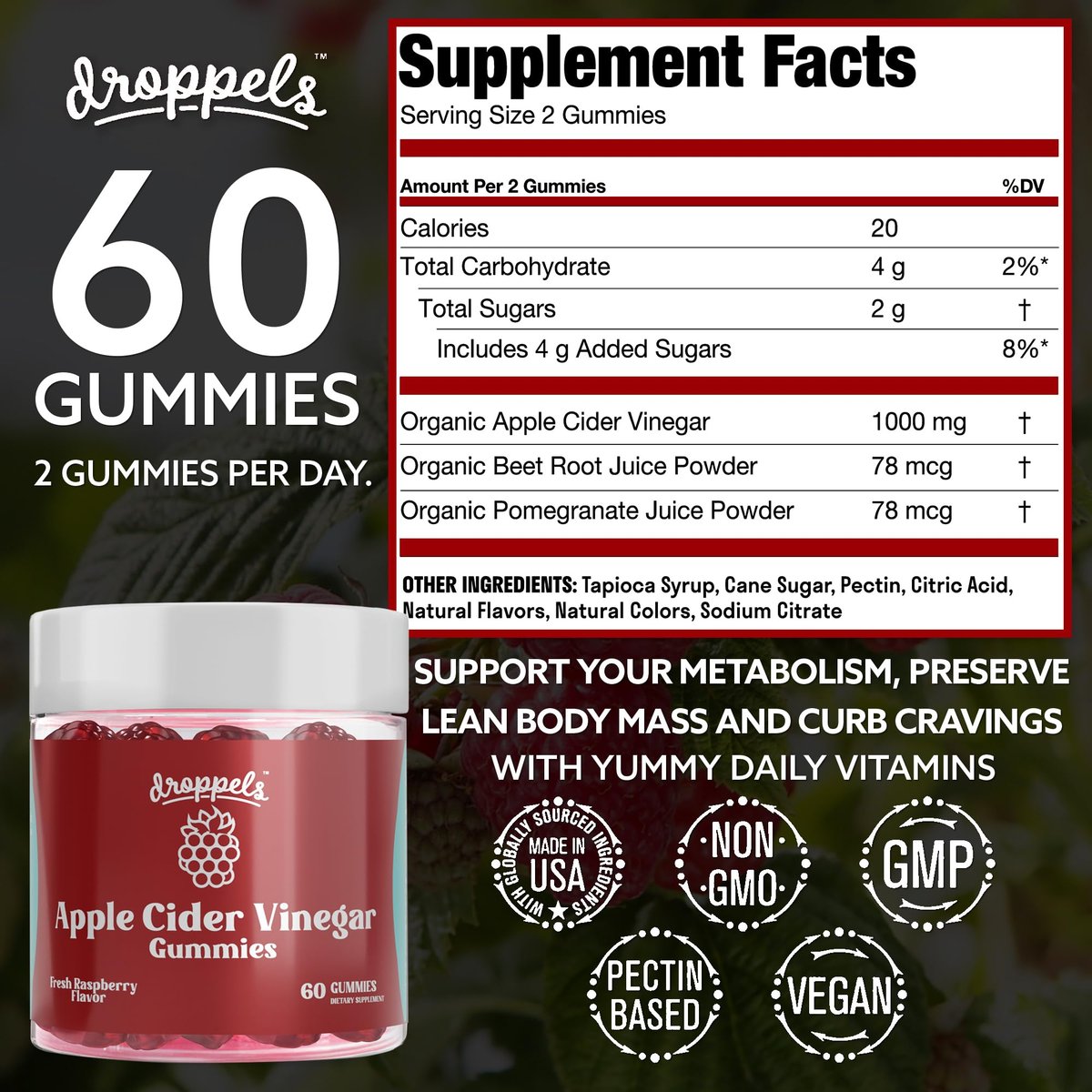 Droppels Apfelessig Gummibärchen 1000mg mit Rote Bete & Granatapfel | Non-GMO, vegan, glutenfrei | Unterstützt Verdauung, Stoffwechsel, Energie & Immunsystem | Himbeergeschmack