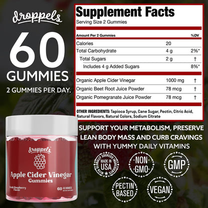 Droppels Apfelessig Gummibärchen 1000mg mit Rote Bete & Granatapfel | Non-GMO, vegan, glutenfrei | Unterstützt Verdauung, Stoffwechsel, Energie & Immunsystem | Himbeergeschmack