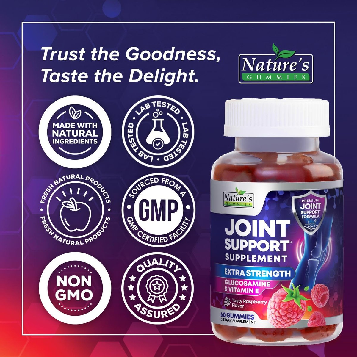 Gelenkunterstützung Extra Stark – Glucosamin Gummis für gesunde Gelenke und Flexibilität – Natürliches Vitamin E – Beste Gummis für Frauen und Männer – 60 Gummis