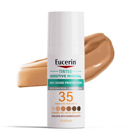 Eucerin Sun Tinted Sensitive Mineral Sonnencreme Lotion SPF 35 – Nicht komedogene mineralische Sonnencreme mit sanftem Zinkoxid-Schutz für empfindliche Haut, 1,7 Fl Oz Flasche
