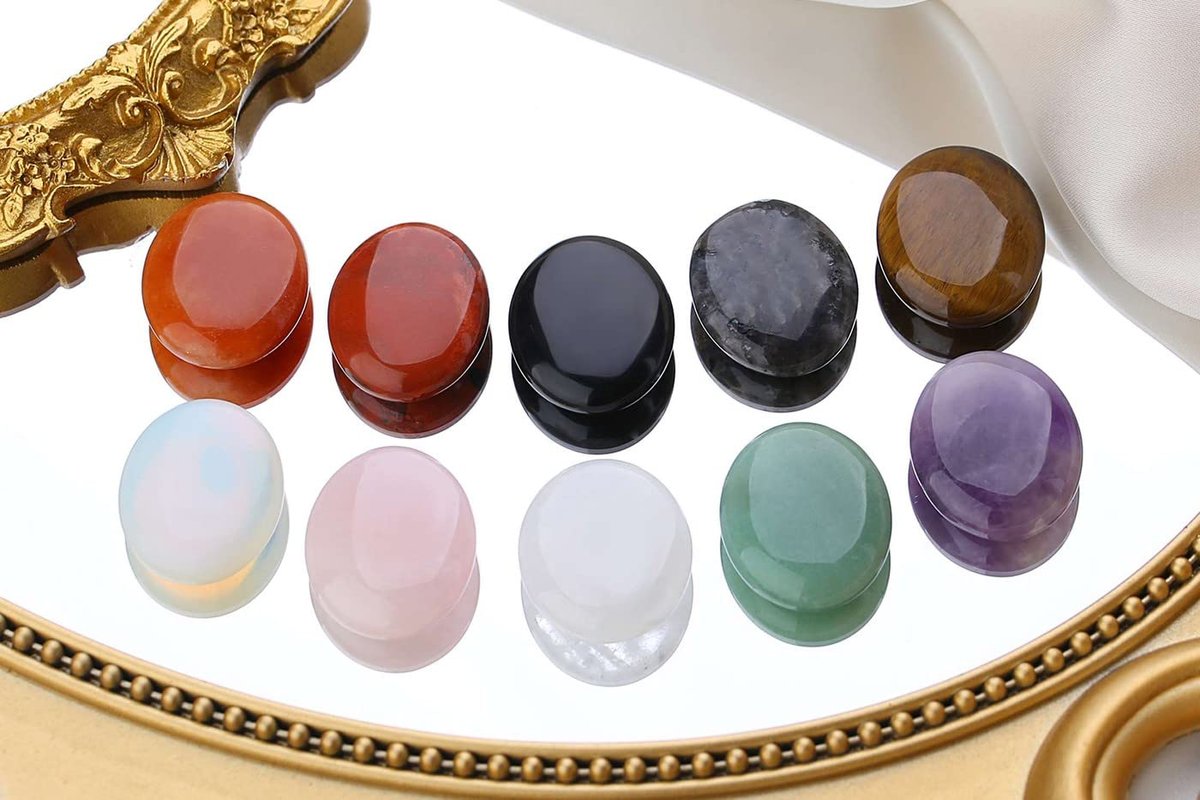 LAIDANLA 10er Set Heilende Kristalle Palmstein-Set Oval Kristall Amethyst Rosenquarz Obsidian Klarer Quarz Polierte Natursteine Taschenedelstein Hausdekoration für Meditation und Angst Stressabbau