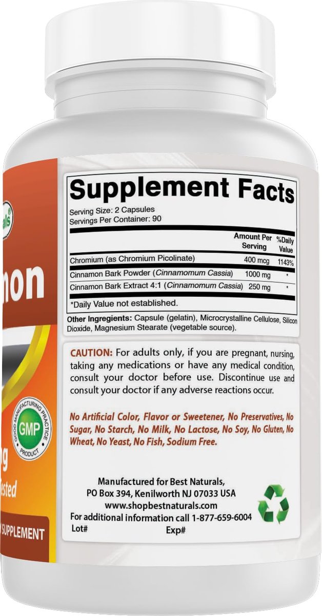 Best Naturals Zimt 2000 mg Äquivalent mit Chrom 400 mcg pro Portion – Stoffwechselunterstützung – 180 Kapseln