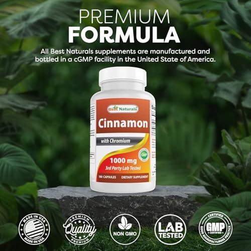 Best Naturals Zimt 2000 mg Äquivalent mit Chrom 400 mcg pro Portion – Stoffwechselunterstützung – 180 Kapseln