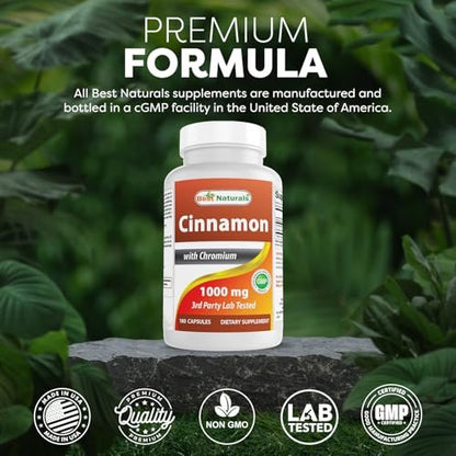 Best Naturals Zimt 2000 mg Äquivalent mit Chrom 400 mcg pro Portion – Stoffwechselunterstützung – 180 Kapseln