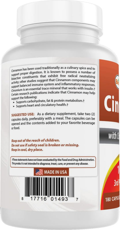 Best Naturals Zimt 2000 mg Äquivalent mit Chrom 400 mcg pro Portion – Stoffwechselunterstützung – 180 Kapseln