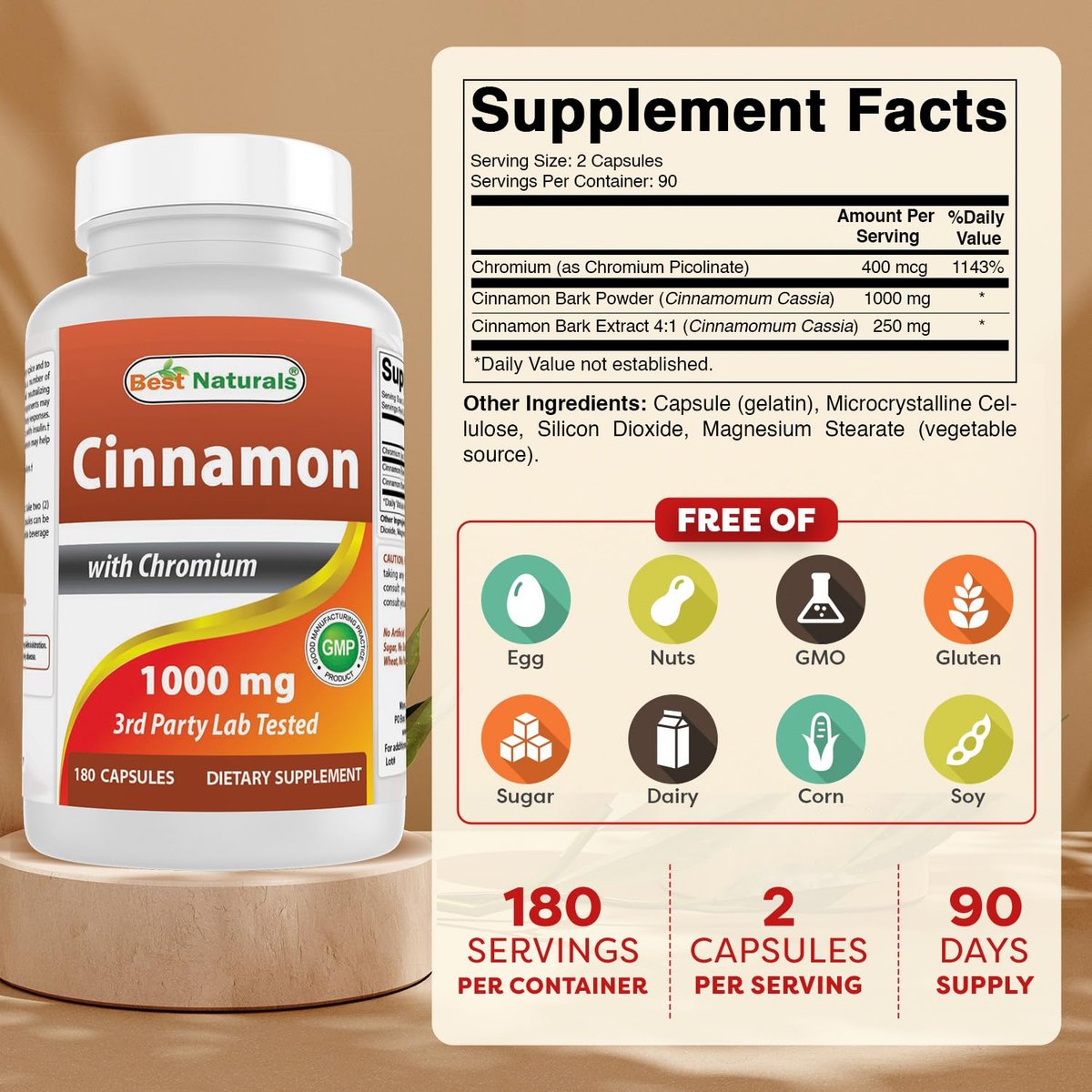 Best Naturals Zimt 2000 mg Äquivalent mit Chrom 400 mcg pro Portion – Stoffwechselunterstützung – 180 Kapseln