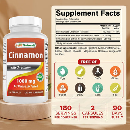 Best Naturals Zimt 2000 mg Äquivalent mit Chrom 400 mcg pro Portion – Stoffwechselunterstützung – 180 Kapseln