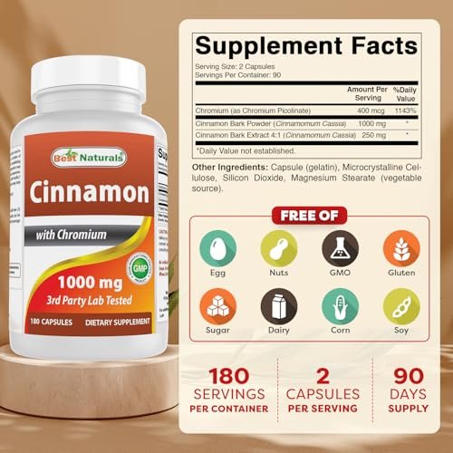 Best Naturals Zimt 2000 mg Äquivalent mit Chrom 400 mcg pro Portion – Stoffwechselunterstützung – 180 Kapseln