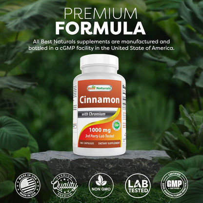 Best Naturals Zimt 2000 mg Äquivalent mit Chrom 400 mcg pro Portion – Stoffwechselunterstützung – 180 Kapseln