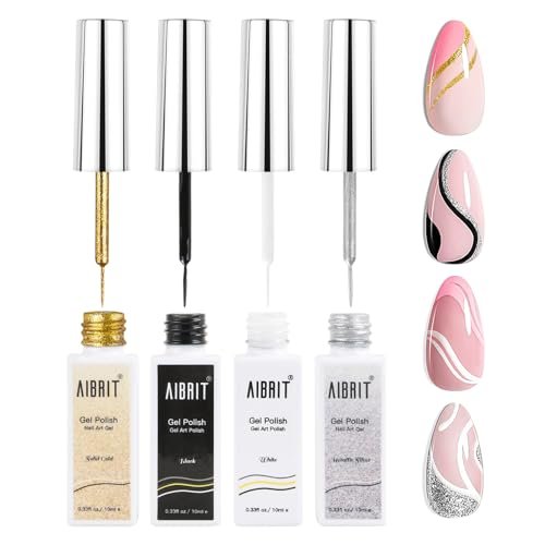 AIBRIT Gel Liner Art Polish Set 10ml – 4 Farben Schwarz Weiß Gold Silber mit dünnem Pinsel für Swirl-, Euphoria- und French-Tips-Nailart, DIY-Maniküre zu Hause