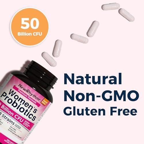 NewRhythm Probiotika für Frauen mit Bio-Cranberry, 50 Milliarden KBE, 18 Stämme, Probiotika mit Präbiotika, Unterstützt die Verdauungsgesundheit, Ohne Kühlung, Nicht-GVO, Ohne Soja, 60 vegane Kapseln, Ohne Milchprodukte
