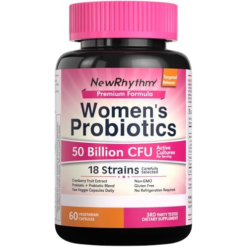 NewRhythm Probiotika für Frauen mit Bio-Cranberry, 50 Milliarden KBE, 18 Stämme, Probiotika mit Präbiotika, Unterstützt die Verdauungsgesundheit, Ohne Kühlung, Nicht-GVO, Ohne Soja, 60 vegane Kapseln, Ohne Milchprodukte