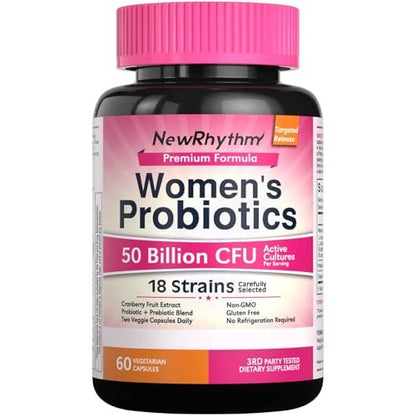 NewRhythm Probiotika für Frauen mit Bio-Cranberry, 50 Milliarden KBE, 18 Stämme, Probiotika mit Präbiotika, Unterstützt die Verdauungsgesundheit, Ohne Kühlung, Nicht-GVO, Ohne Soja, 60 vegane Kapseln, Ohne Milchprodukte