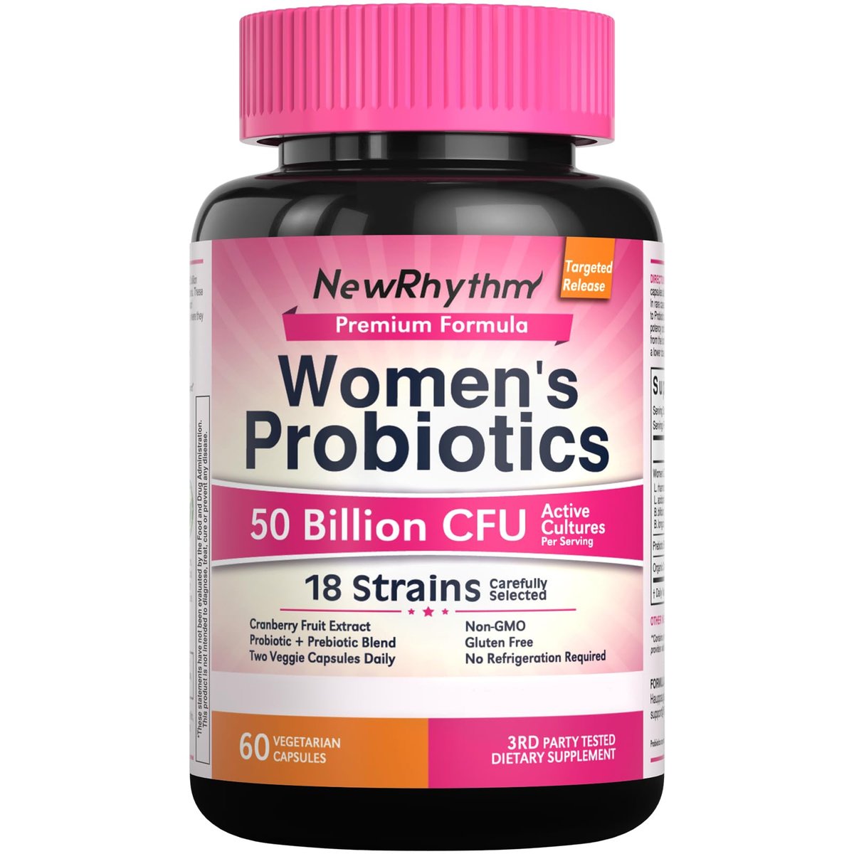 NewRhythm Probiotika für Frauen mit Bio-Cranberry, 50 Milliarden KBE, 18 Stämme, Probiotika mit Präbiotika, Unterstützt die Verdauungsgesundheit, Ohne Kühlung, Nicht-GVO, Ohne Soja, 60 vegane Kapseln, Ohne Milchprodukte