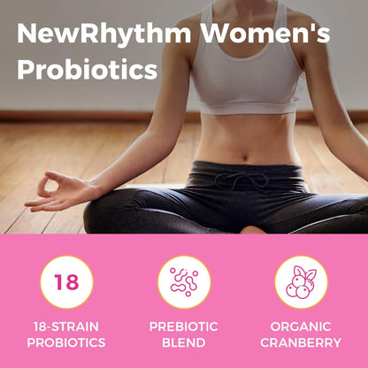 NewRhythm Probiotika für Frauen mit Bio-Cranberry, 50 Milliarden KBE, 18 Stämme, Probiotika mit Präbiotika, Unterstützt die Verdauungsgesundheit, Ohne Kühlung, Nicht-GVO, Ohne Soja, 60 vegane Kapseln, Ohne Milchprodukte
