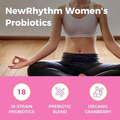 NewRhythm Probiotika für Frauen mit Bio-Cranberry, 50 Milliarden KBE, 18 Stämme, Probiotika mit Präbiotika, Unterstützt die Verdauungsgesundheit, Ohne Kühlung, Nicht-GVO, Ohne Soja, 60 vegane Kapseln, Ohne Milchprodukte