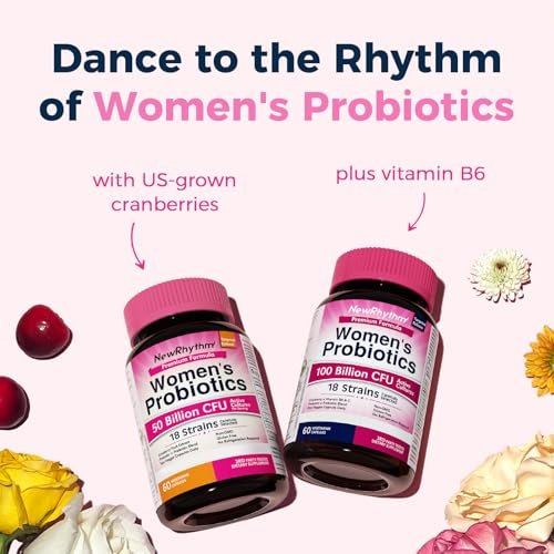 NewRhythm Probiotika für Frauen mit Bio-Cranberry, 50 Milliarden KBE, 18 Stämme, Probiotika mit Präbiotika, Unterstützt die Verdauungsgesundheit, Ohne Kühlung, Nicht-GVO, Ohne Soja, 60 vegane Kapseln, Ohne Milchprodukte