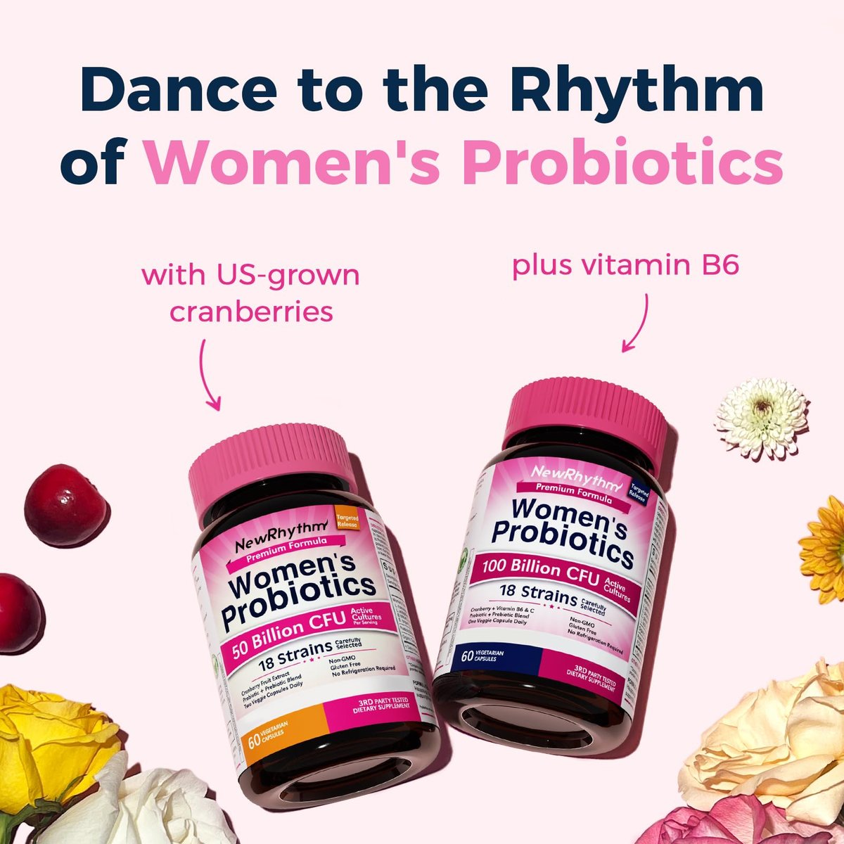 NewRhythm Probiotika für Frauen mit Bio-Cranberry, 50 Milliarden KBE, 18 Stämme, Probiotika mit Präbiotika, Unterstützt die Verdauungsgesundheit, Ohne Kühlung, Nicht-GVO, Ohne Soja, 60 vegane Kapseln, Ohne Milchprodukte