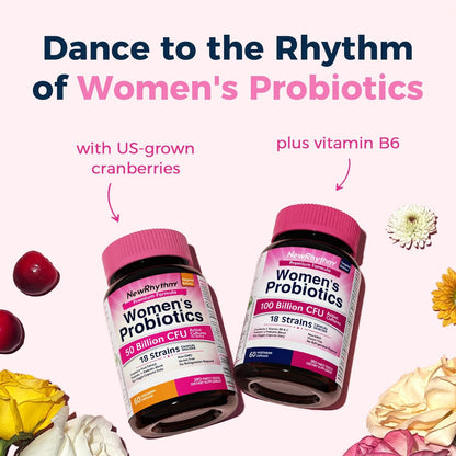 NewRhythm Probiotika für Frauen mit Bio-Cranberry, 50 Milliarden KBE, 18 Stämme, Probiotika mit Präbiotika, Unterstützt die Verdauungsgesundheit, Ohne Kühlung, Nicht-GVO, Ohne Soja, 60 vegane Kapseln, Ohne Milchprodukte