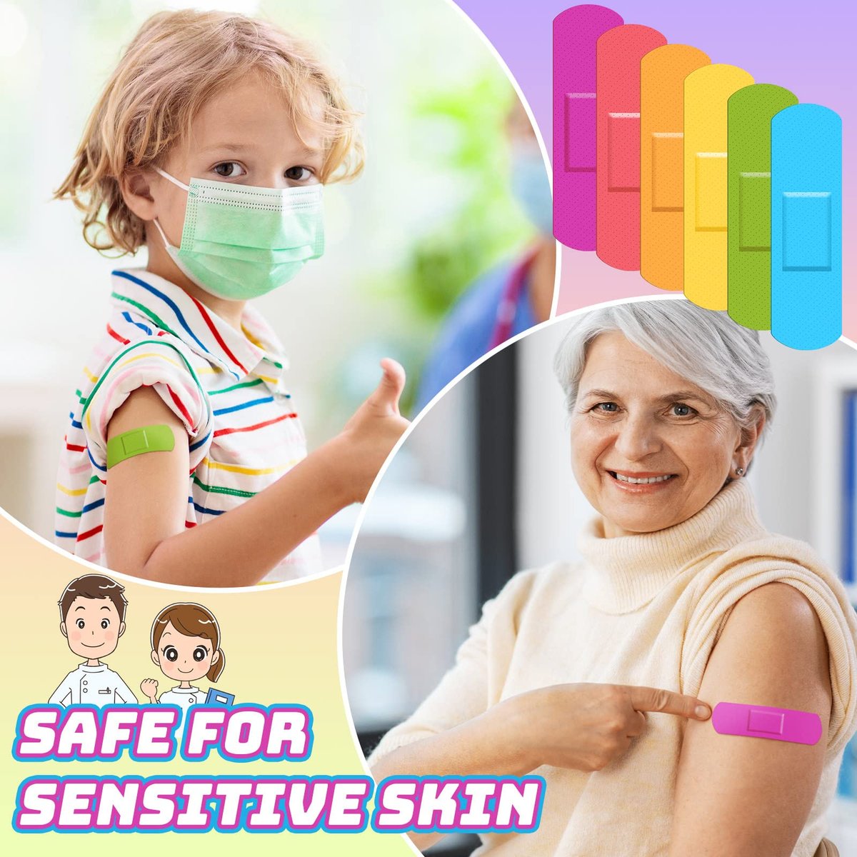 Yinder 120 Stück Kinderpflaster bunt flexibel wasserdicht atmungsaktiv Neon-Streifenpflaster für Kinder und Kleinkinder, 2,83'' x 0,75''