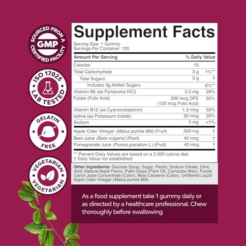 ACV Apfelessig Gummibärchen – Natürlicher Energie-Booster mit Mother zur Körperreinigung, Immununterstützung und Darmgesundheit mit Vitamin B12 und Rote Bete – 120 Stück