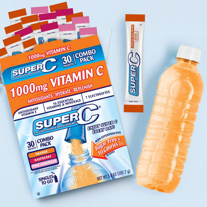 Super C Singles to Go Pulverbeutel - Wasser Trinkmischung, Sortenpackung mit Orange, Himbeere & Pink Limonade, 30 Portionen