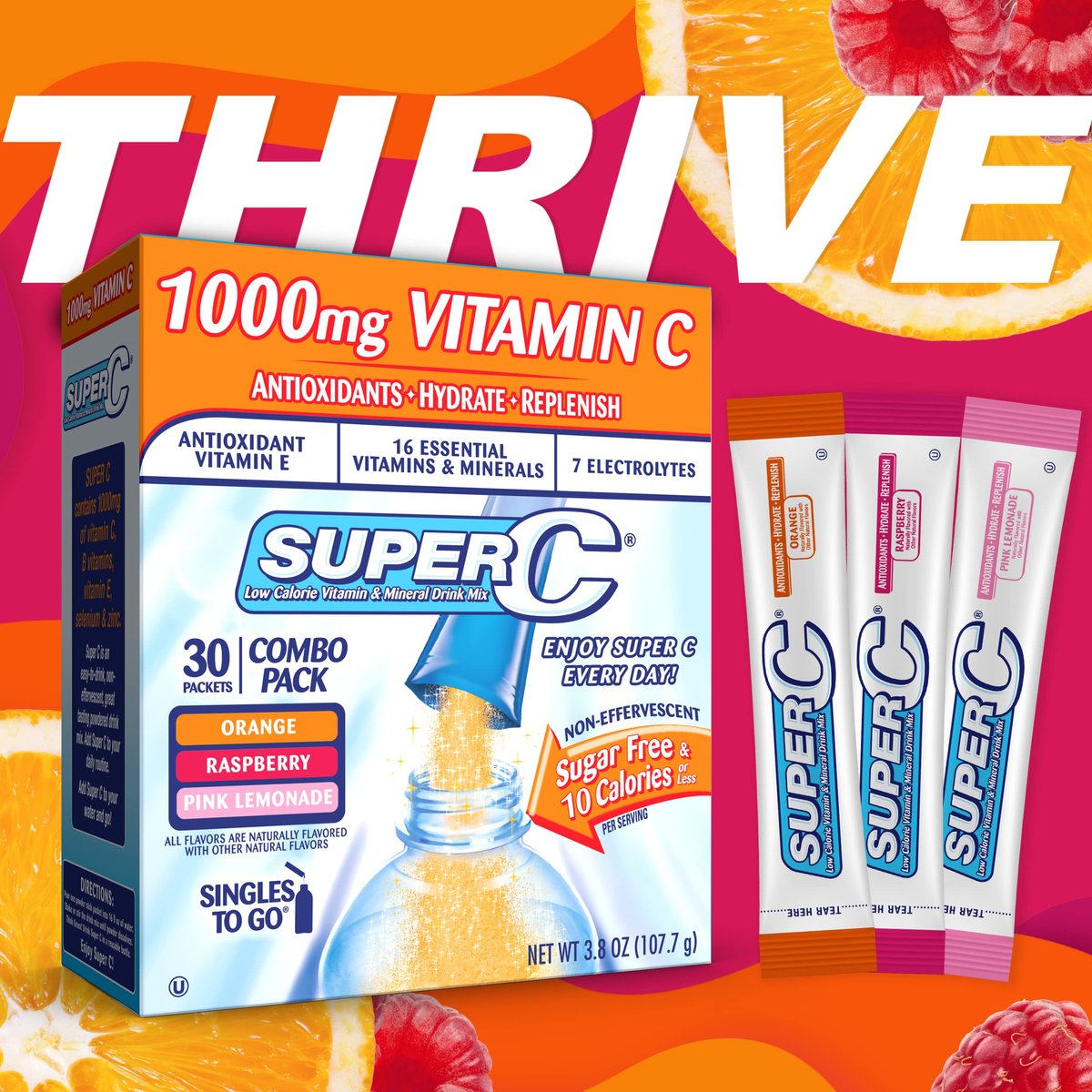 Super C Singles to Go Pulverbeutel - Wasser Trinkmischung, Sortenpackung mit Orange, Himbeere & Pink Limonade, 30 Portionen