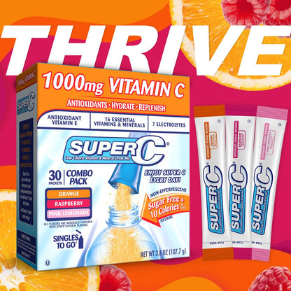 Super C Singles to Go Pulverbeutel - Wasser Trinkmischung, Sortenpackung mit Orange, Himbeere & Pink Limonade, 30 Portionen