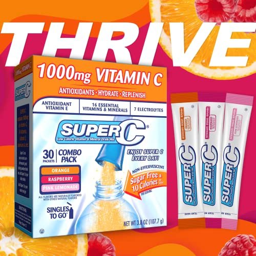Super C Singles to Go Pulverbeutel - Wasser Trinkmischung, Sortenpackung mit Orange, Himbeere & Pink Limonade, 30 Portionen