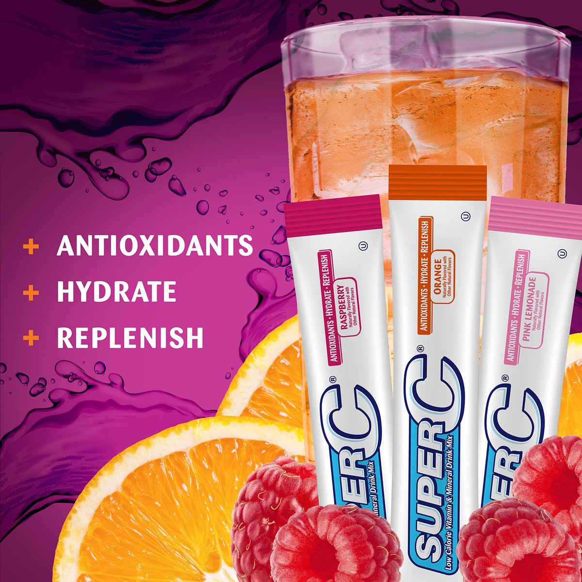 Super C Singles to Go Pulverbeutel - Wasser Trinkmischung, Sortenpackung mit Orange, Himbeere & Pink Limonade, 30 Portionen