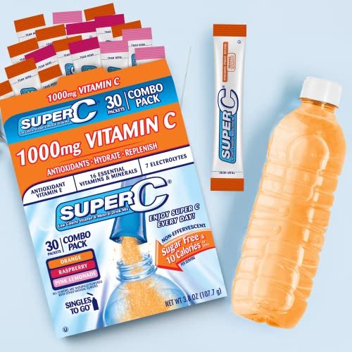Super C Singles to Go Pulverbeutel - Wasser Trinkmischung, Sortenpackung mit Orange, Himbeere & Pink Limonade, 30 Portionen