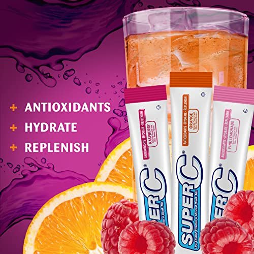 Super C Singles to Go Pulverbeutel - Wasser Trinkmischung, Sortenpackung mit Orange, Himbeere & Pink Limonade, 30 Portionen