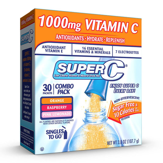Super C Singles to Go Pulverbeutel - Wasser Trinkmischung, Sortenpackung mit Orange, Himbeere & Pink Limonade, 30 Portionen